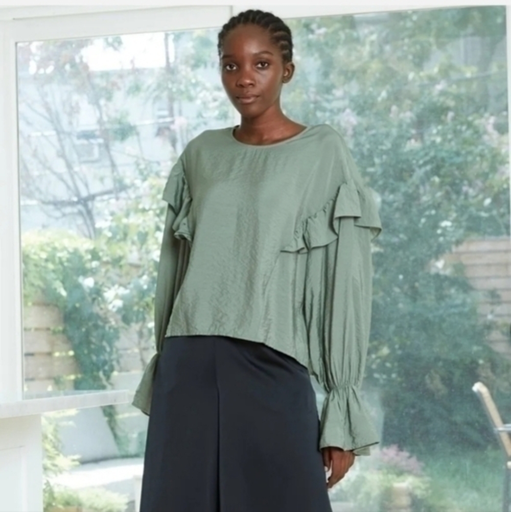 Prologue Women's Bishop Long Sleeve Ruffle Taffeta Top Blouse